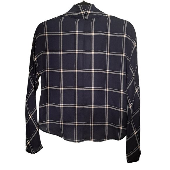 Aritzia Babaton Navy Blue Striped Plaid Crossover Silk Blouse Size Small - Picture 2 of 6